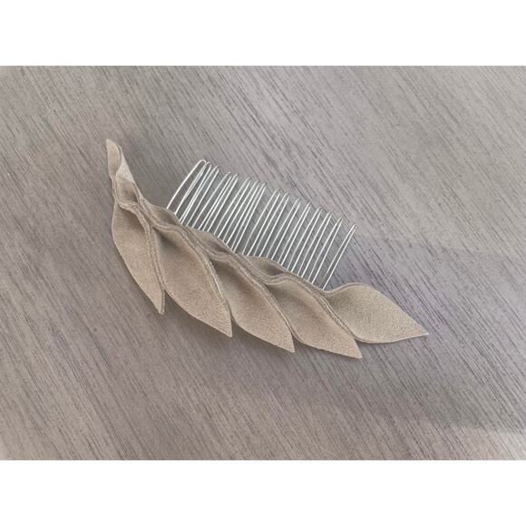 Artisan Handmade Taupe Suede Leather Petal Hair Comb - Picture 4 of 8